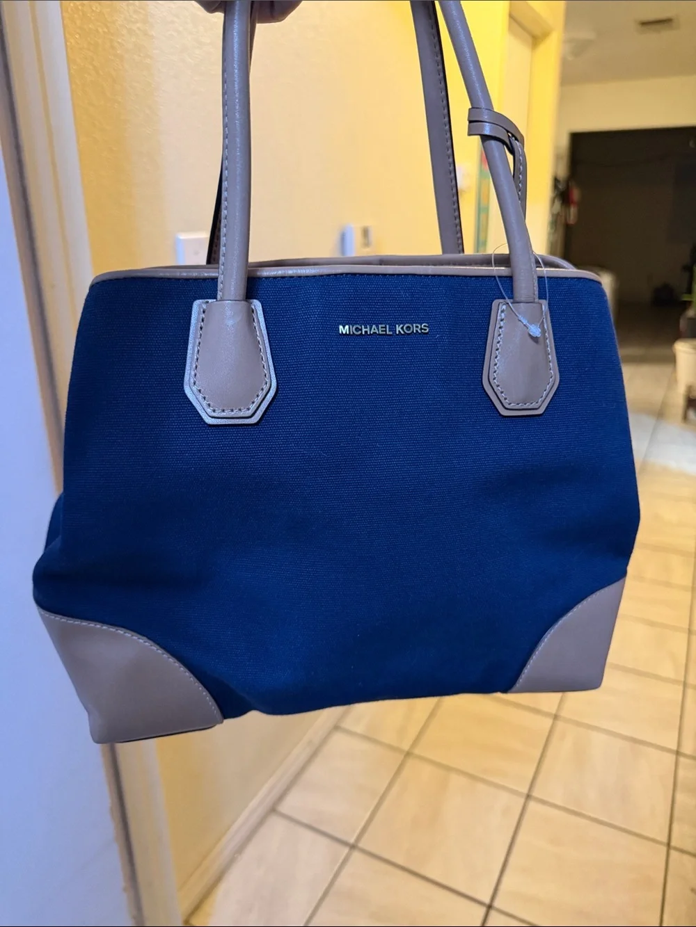 Michael Kors Navy Canvas Tote with Tan Leather Trim
